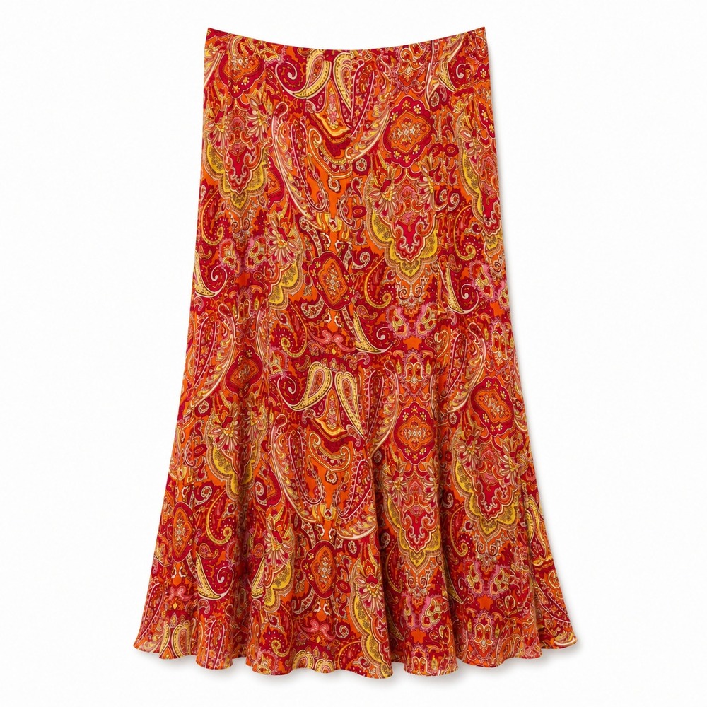 Talbots Red Orange Paisley Silk Maxi Skirt